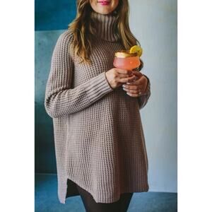 HATCH Waffle Knit Merino Wool/Cashmere Turtleneck Sweater Neutral Camel One Size